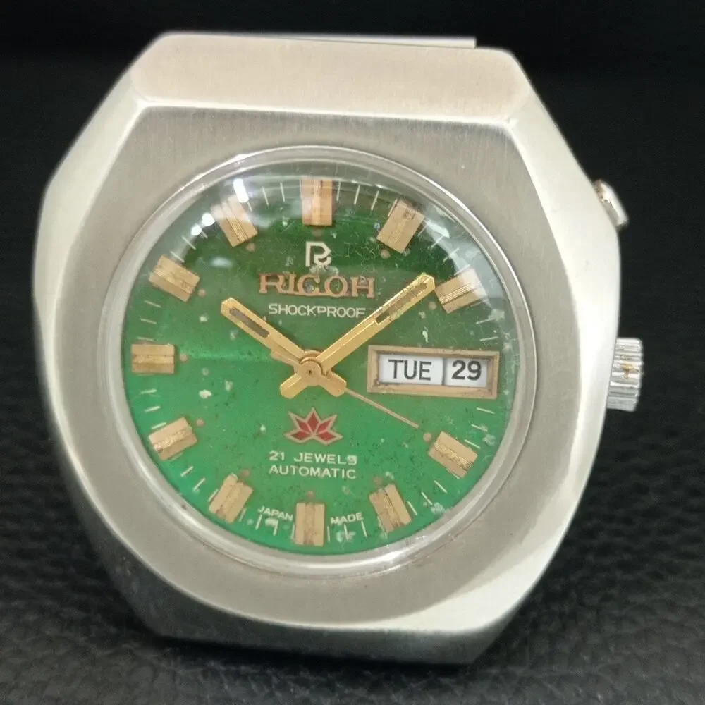 Vintage 1990 Ricoh Automatic Mens Silver Watch W/daydate & Green accents
